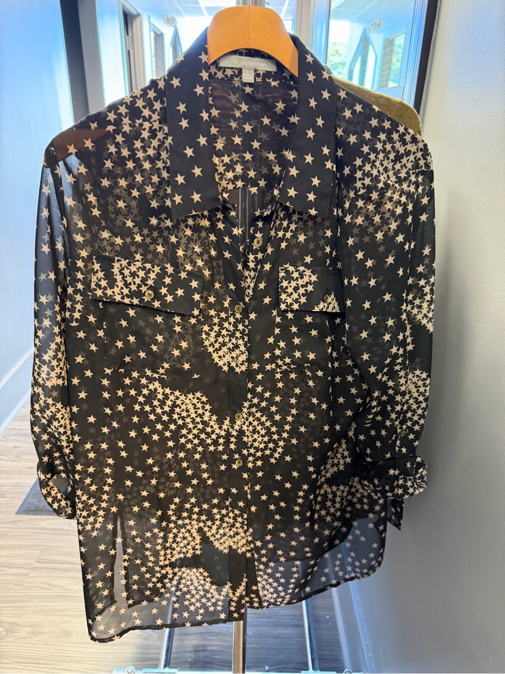 NY Collection Black Sheer Star-Print Button-Down Shirt
